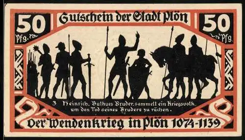 Notgeld Plön 1921, 50 Pfennig, Wappen, Wendenkrieg: Heinrich mit Kriegern