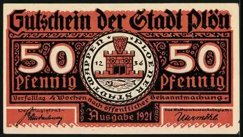 Notgeld Plön 1921, 50 Pfennig, Wappen, Wendenkrieg: Heinrich mit Kriegern