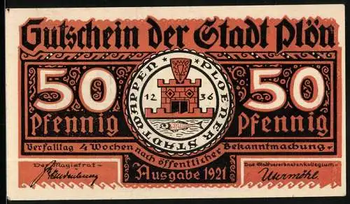 Notgeld Plön 1921, 50 Pfennig, Wappen, Wendenkrieg: Buthue und Sachsen beim Einzug