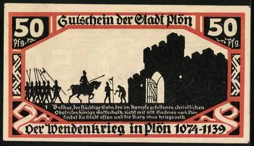 Notgeld Plön 1921, 50 Pfennig, Wappen, Wendenkrieg: Buthue und Sachsen beim Einzug