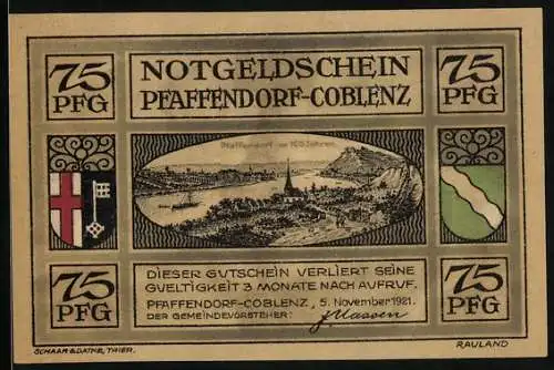 Notgeld Pfaffendorf-Coblenz 1921, 75 Pfennig, Wappen, Historische Ortsansicht, Rheinkarte mit Händedruck