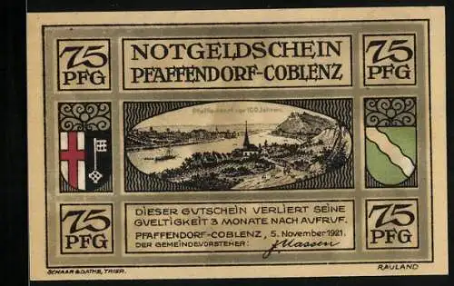 Notgeld Pfaffendorf-Coblenz 1921, 75 Pfennig, Wappen, Historische Ortsansicht, Landkarte mit Händedruck über dem Rhein