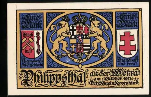 Notgeld Philippsthal an der Werra 1921, 1 Mark, Wappen, Webstuhl, Konrad Amhof, Deepskaller