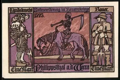 Notgeld Philippsthal an der Werra 1921, 1 Mark, Wappen, Klosterzerstörung mit Tod zu Pferde, Landsknecht, Bauer