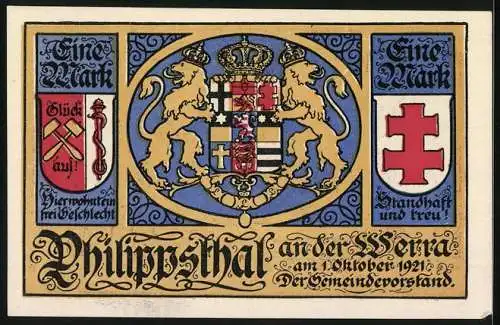 Notgeld Philippsthal an der Werra 1921, 1 Mark, Wappen, Klosterzerstörung mit Tod zu Pferde, Landsknecht, Bauer