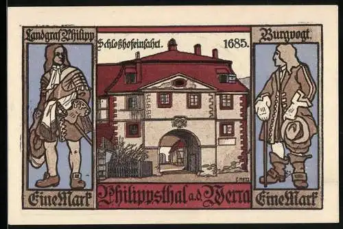 Notgeld Philippsthal an der Werra 1921, 1 Mark, Wappen, Burgvogt, Landgraf Philipp, Schlosshofeinfahrt 1685