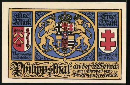 Notgeld Philippsthal an der Werra 1921, 1 Mark, Wappen, Burgvogt, Landgraf Philipp, Schlosshofeinfahrt 1685