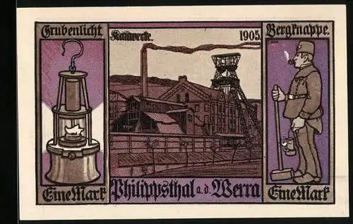 Notgeld Philippsthal an der Werra 1921, 1 Mark, Wappen, Grubenlicht, Bergknappe, Kaliwerke