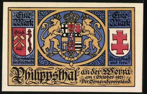 Notgeld Philippsthal an der Werra 1921, 1 Mark, Wappen, Grubenlicht, Bergknappe, Kaliwerke