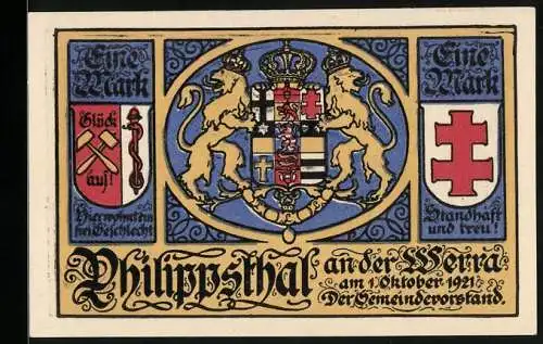 Notgeld Philippsthal an der Werra 1921, 1 Mark, Wappen, St. Katharina, Ritter, Klosterkirche Kreuzberg