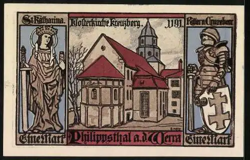 Notgeld Philippsthal an der Werra 1921, 1 Mark, Wappen, St. Katharina, Ritter, Klosterkirche Kreuzberg