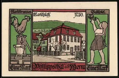 Notgeld Philippsthal an der Werra 1921, 1 Mark, Wappen, Marktbrunnen, Marktplatz 1750, Ballspiel