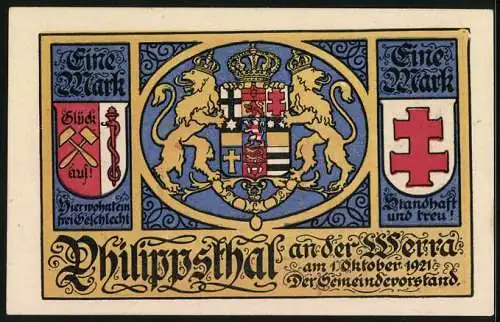 Notgeld Philippsthal an der Werra 1921, 1 Mark, Wappen, Marktbrunnen, Marktplatz 1750, Ballspiel