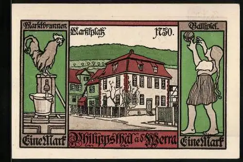 Notgeld Philippsthal an der Werra 1921, 1 Mark, Wappen, Marktbrunnen, Marktplatz 1750, Mädchen beim Ballspiel