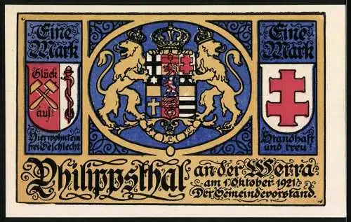 Notgeld Philippsthal an der Werra 1921, 1 Mark, Wappen, Rathaus 1913, Ortsdiener, Justitia