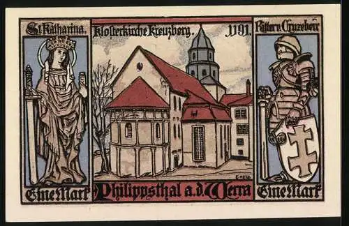 Notgeld Philippsthal an der Werra 1921, 1 Mark, Wappen, St. Katharina, Klosterkirche Kreuzberg 1191, Ritter