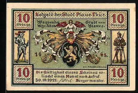 Notgeld Plaue /Thür. 1921, 10 Pfennig, Wappen, Ritter und Landsknecht, Rathaus, Bauer, Wirt
