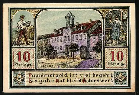 Notgeld Plaue /Thür. 1921, 10 Pfennig, Wappen, Ritter und Landsknecht, Rathaus, Bauer, Wirt