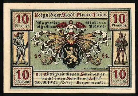 Notgeld Plaue /Thür. 1921, 10 Pfennig, Wappen, Ritter- und Landsknecht-Figur, Rathaus, Bauer und Wirt