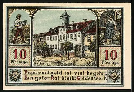 Notgeld Plaue /Thür. 1921, 10 Pfennig, Wappen, Ritter- und Landsknecht-Figur, Rathaus, Bauer und Wirt