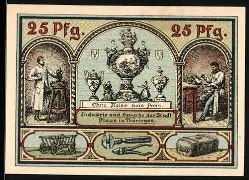 Notgeld Plaue /Thür. 1921, 25 Pfennig, Wappen, Ritter- und Landsknecht-Figur, Industrie und Gewerbe