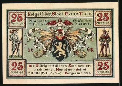 Notgeld Plaue /Thür. 1921, 25 Pfennig, Wappen, Ritter- und Landsknecht-Figur, Industrie und Gewerbe