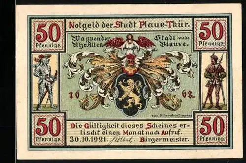 Notgeld Plaue /Thür. 1921, 50 Pfennig, Wappen, Ritter- und Landsknecht-Figur, Ehrenburg