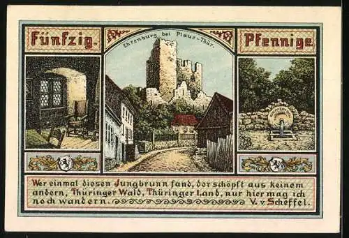 Notgeld Plaue /Thür. 1921, 50 Pfennig, Wappen, Ritter- und Landsknecht-Figur, Ehrenburg