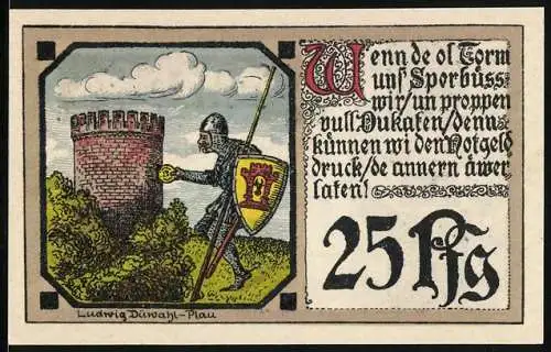 Notgeld Plau /Mecklenburg 1922, 25 Pfennig, Wappen, Ornamente, Ritter mit Münze