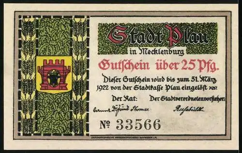 Notgeld Plau /Mecklenburg 1922, 25 Pfennig, Wappen, Ornamente, Ritter mit Münze