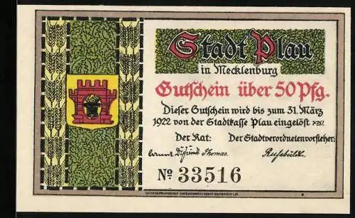 Notgeld Plau /Mecklenburg 1922, 50 Pfennig, Wappen, Ornamente, Bootspartie vor Ortspanorama