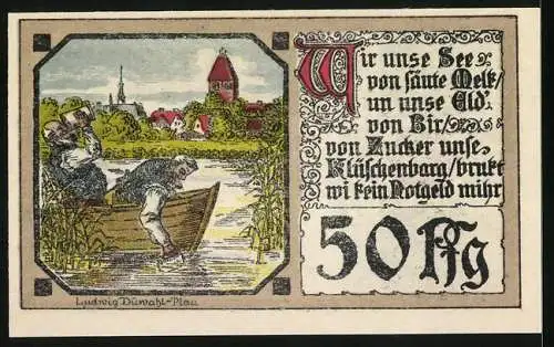 Notgeld Plau /Mecklenburg 1922, 50 Pfennig, Wappen, Ornamente, Bootspartie vor Ortspanorama