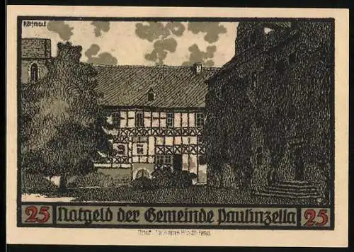 Notgeld Paulinzella 1922, 25 Pfennig, Auerhahn, Ortspartie mit Fachwerkhaus