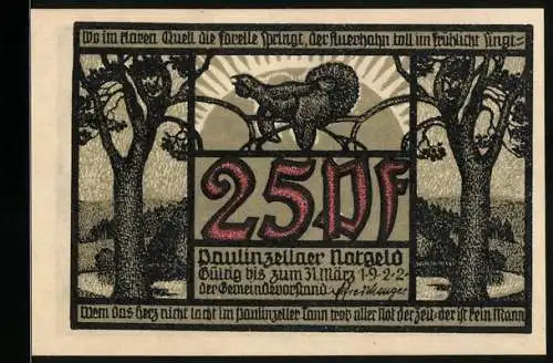 Notgeld Paulinzella 1922, 25 Pfennig, Auerhahn, Ortsansicht