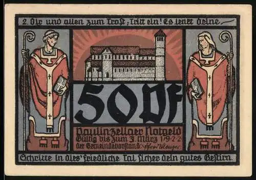 Notgeld Paulinzella 1922, 50 Pfennig, Säulenhalle, Kloster, Prediger mit Hirtenstäben