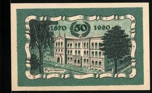 Notgeld Patschkau 1921, 50 Pfennig, Tüme, 50 Jahre Gymnasium 1920