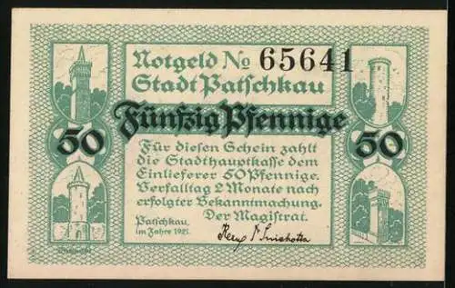 Notgeld Patschkau 1921, 50 Pfennig, Tüme, 50 Jahre Gymnasium 1920