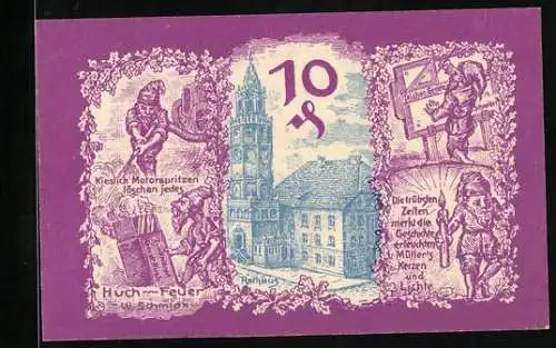 Notgeld Patschkau 1921, 10 Pfennig, Tüme, Wappen, Rathaus, Feuerbekämpfung mit Kieslich-Motorspritze, Müllers Kerzen