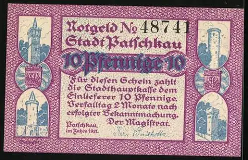 Notgeld Patschkau 1921, 10 Pfennig, Tüme, Wappen, Rathaus, Feuerbekämpfung mit Kieslich-Motorspritze, Müllers Kerzen