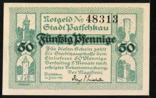 Notgeld Patschkau 1921, 50 Pfennig, Tüme, Gymnasium