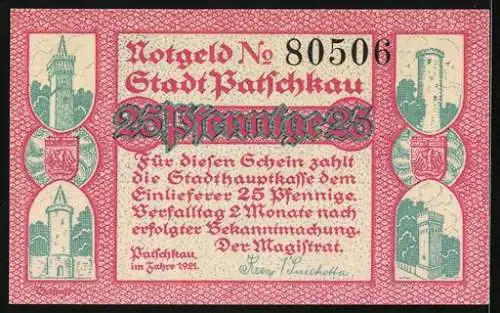 Notgeld Patschkau 1921, 25 Pfennig, Tüme, Wappen, Kath. Pfarrkirche