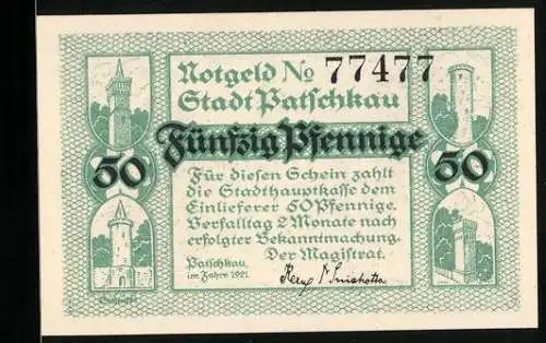 Notgeld Patschkau 1921, 50 Pfennig, Tüme und Gymnasium