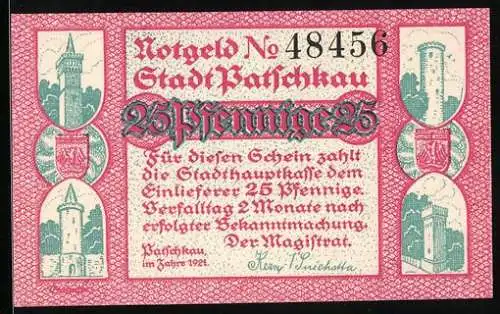 Notgeld Patschkau 1921, 25 Pfennig, Tüme, Wappen, Ortspartie mit kath. Pfarrkirche