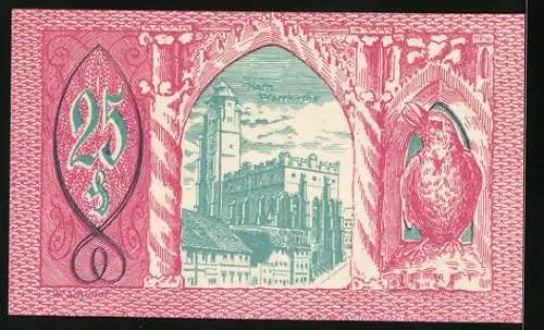 Notgeld Patschkau 1921, 25 Pfennig, Tüme, Wappen, Ortspartie mit kath. Pfarrkirche