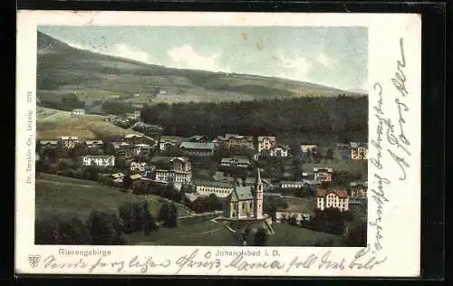AK Johannisbad i. B., Ortsansicht mit Kirche aus der Vogelschau