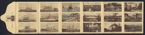Klapp-AK Kiel, Universität, Kruppsche Werft, Kriegsschiffe SMS Prinz Heinrich, Berlin, Roon, Braunschweig und Preussen