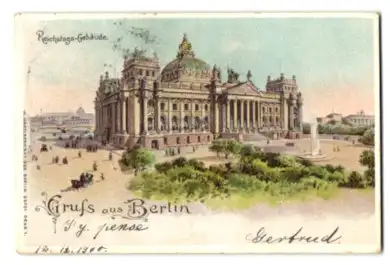 Mini-Lithographie Berlin-Tiergarten, Ansicht vom Reichstags-Gebäude