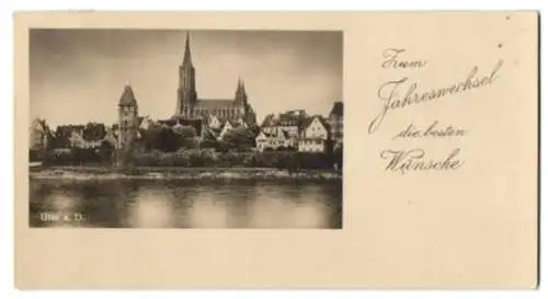 Mini-AK Ulm a. D., Blick über den Fluss zum Dom, Neujahrskarte