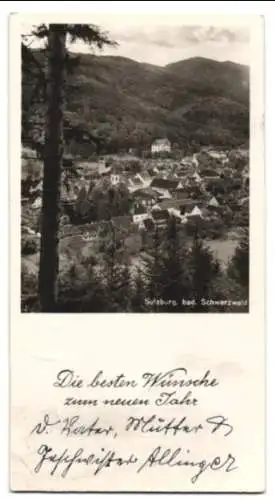 Mini-AK Sulzburg /bad. Schwarzwald, Ortsansicht vom Berg aus, Neujahrskarte