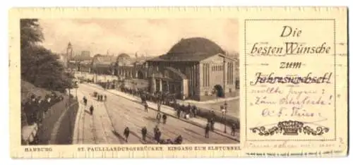 Mini-AK Hamburg-St. Pauli, Landungsbrücken, Eingang zum Elbtunnel, Neujahrskarte